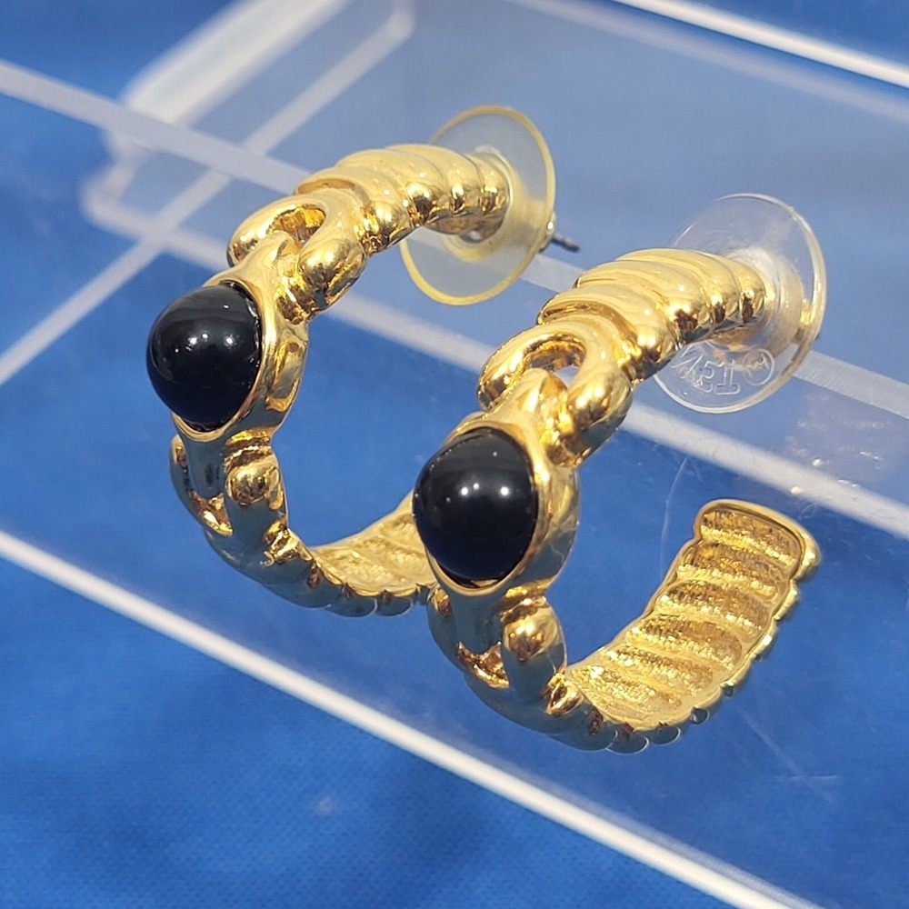 Gold Tone Black Stone Hoop Earrings With Push Backâ Closure